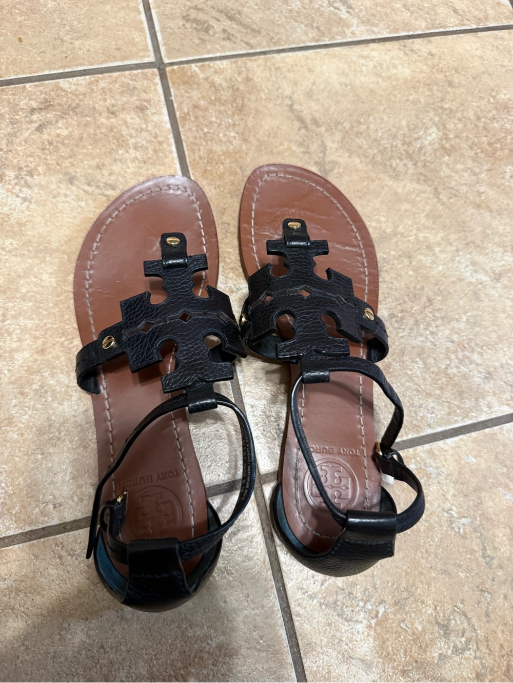 Tory Burch Black Leather T-Strap Logo Sandals with Brown Footbed